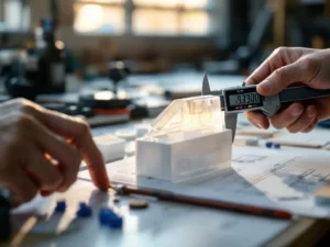 Digitale schuifmaat meet wanddikte van doorschijnend plastic prototype op technische werktafel met tekeningen