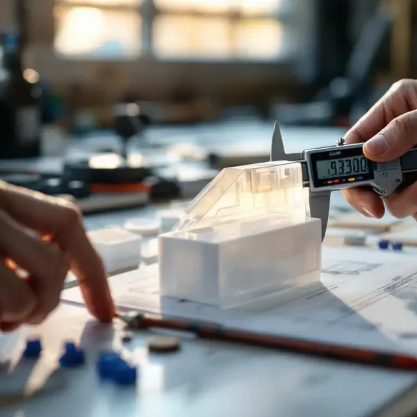 Digitale schuifmaat meet wanddikte van doorschijnend plastic prototype op technische werktafel met tekeningen