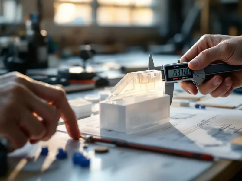 Digitale schuifmaat meet wanddikte van doorschijnend plastic prototype op technische werktafel met tekeningen