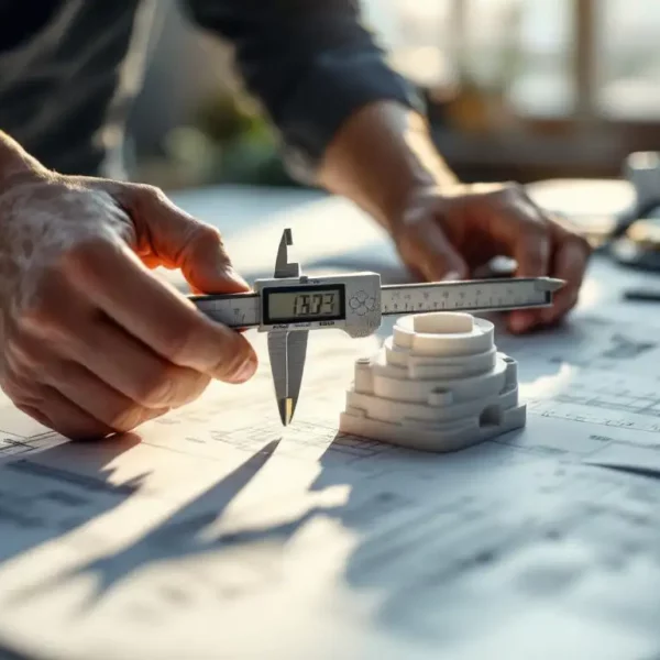 Precisie schuifmaat meet opening tussen twee plastic onderdelen op witte werkbank met technische tekeningen