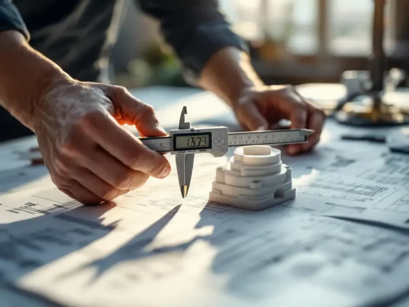 Precisie schuifmaat meet opening tussen twee plastic onderdelen op witte werkbank met technische tekeningen