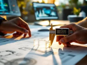 Digitale schuifmaat meet dikte van doorschijnend plastic prototype onderdeel op technische tekeningen op wit bureau