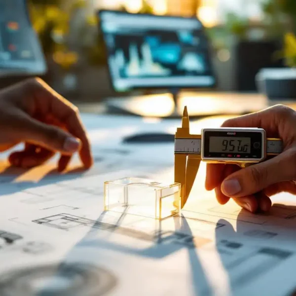 Digitale schuifmaat meet dikte van doorschijnend plastic prototype onderdeel op technische tekeningen op wit bureau