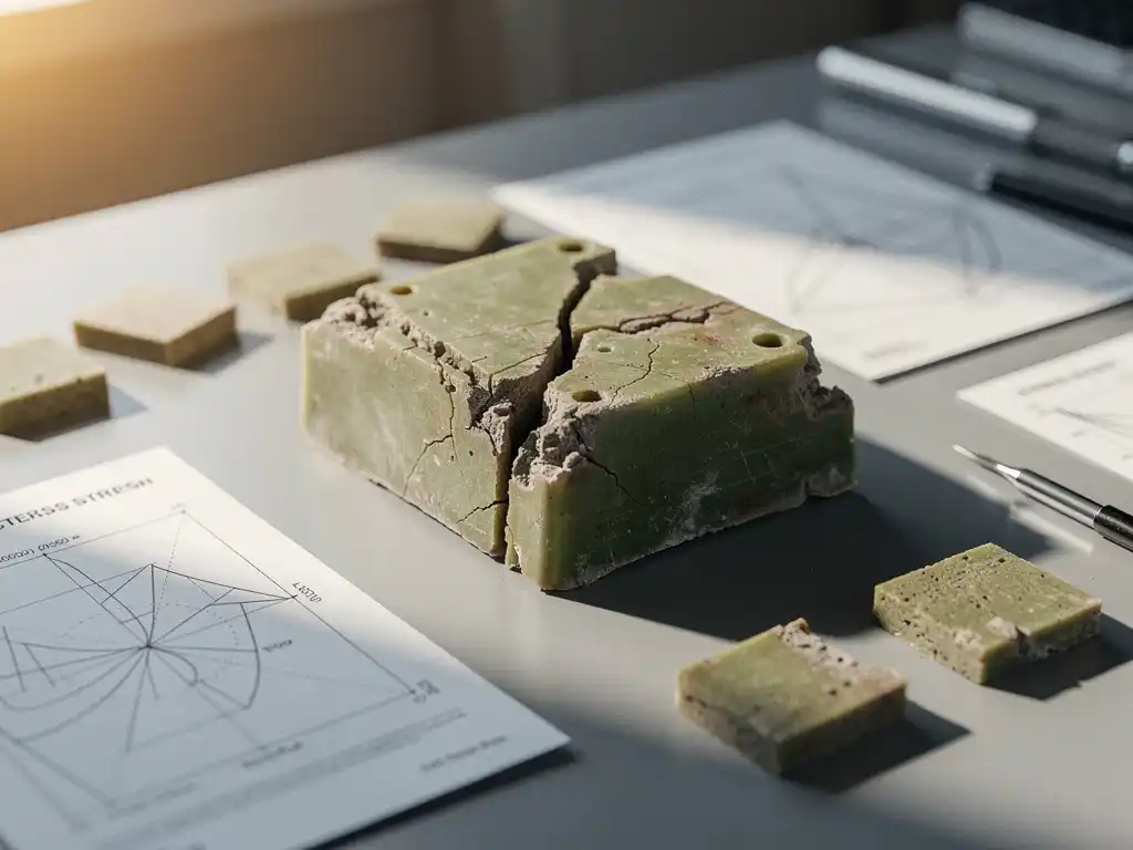 Gebarsten bioplastic component op werktafel, omgeven door spanningsanalysediagrammen en materiaalmonsters in aardetinten.