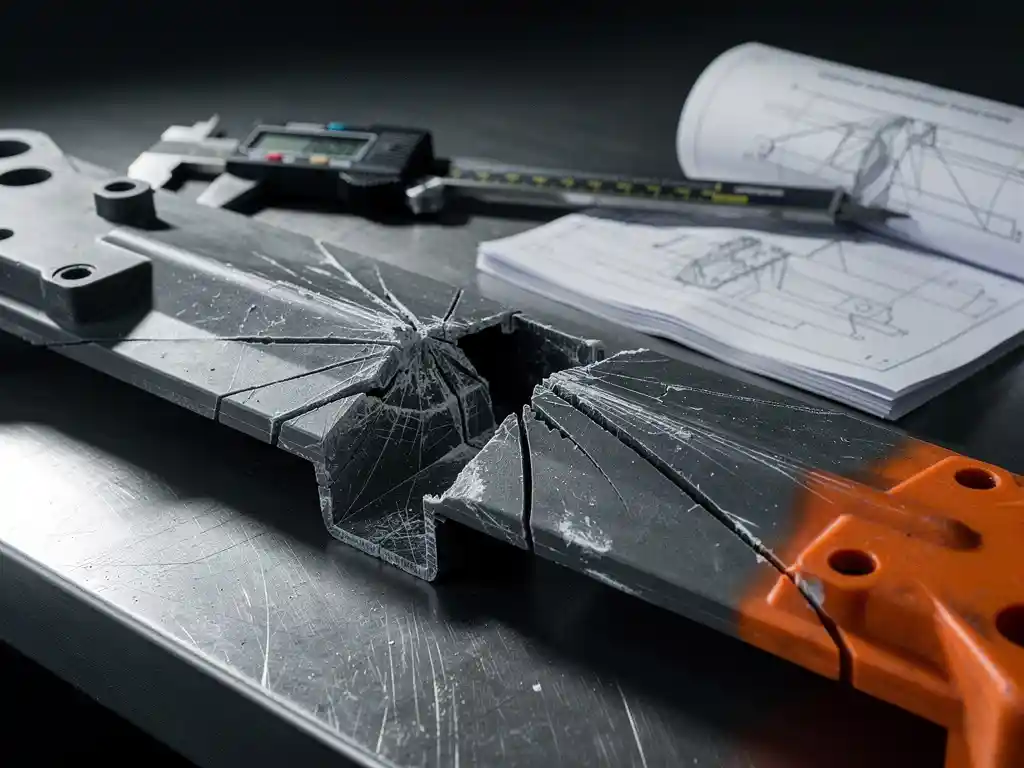 Gebarsten plastic constructieonderdeel onder belastingsstress op stalen werktafel, met digitale schuifmaat en spanningsanalyse.