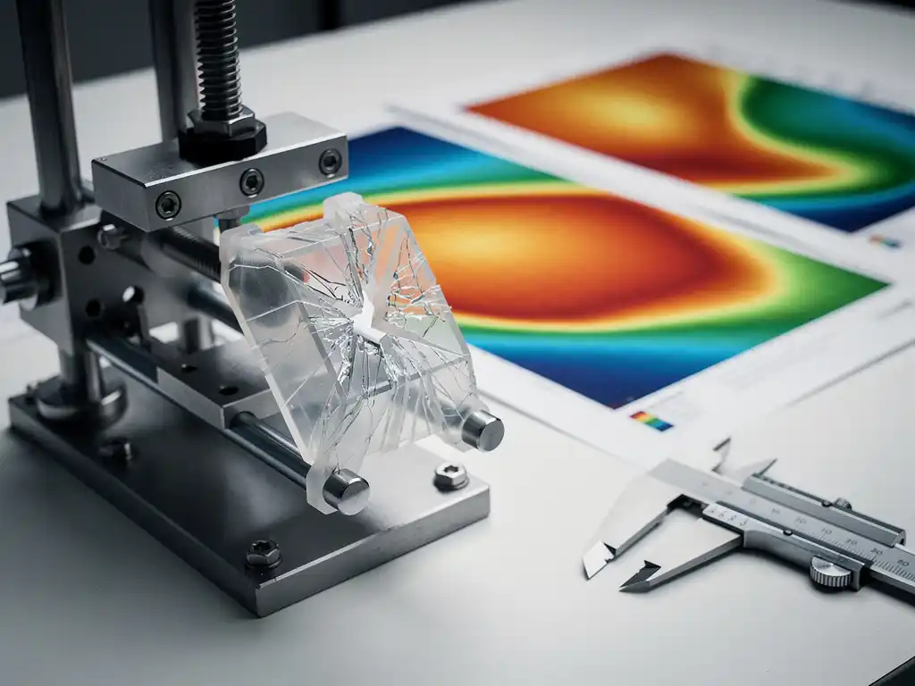 Gebroken plastic prototype in precisie-testopstelling, omringd door FEM-spanningssimulaties met kleurrijke warmtekaarten op een technische werktafel.