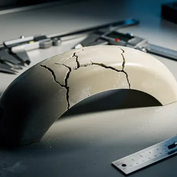 Gebarsten plastic constructieonderdeel tijdens stresstest, haarscheuren langs gebogen oppervlak, meetgereedschap op werkbank.