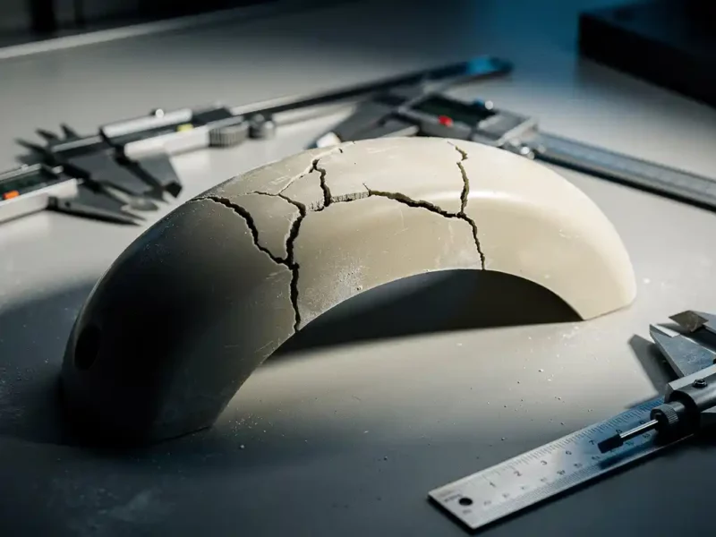 Gebarsten plastic constructieonderdeel tijdens stresstest, haarscheuren langs gebogen oppervlak, meetgereedschap op werkbank.