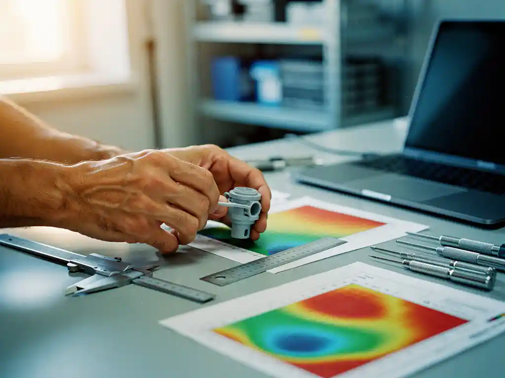 Werktuigbouwkundig ingenieur stelt plastic prototype af op werktafel, omringd door FEM-spanningsanalyse heatmaps en schuifmaat.