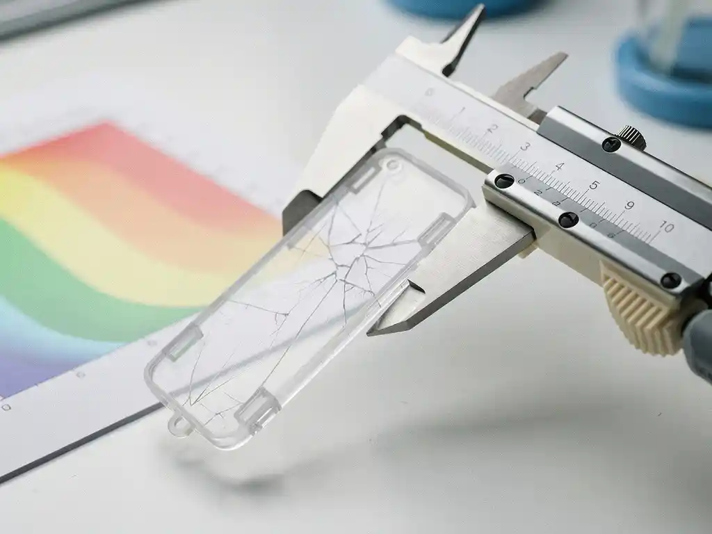 Dunne spuitgegoten plastic behuizing met haarscheurtjes vastgehouden door precisie schuifmaat, FEM-simulatieprint op achtergrond.