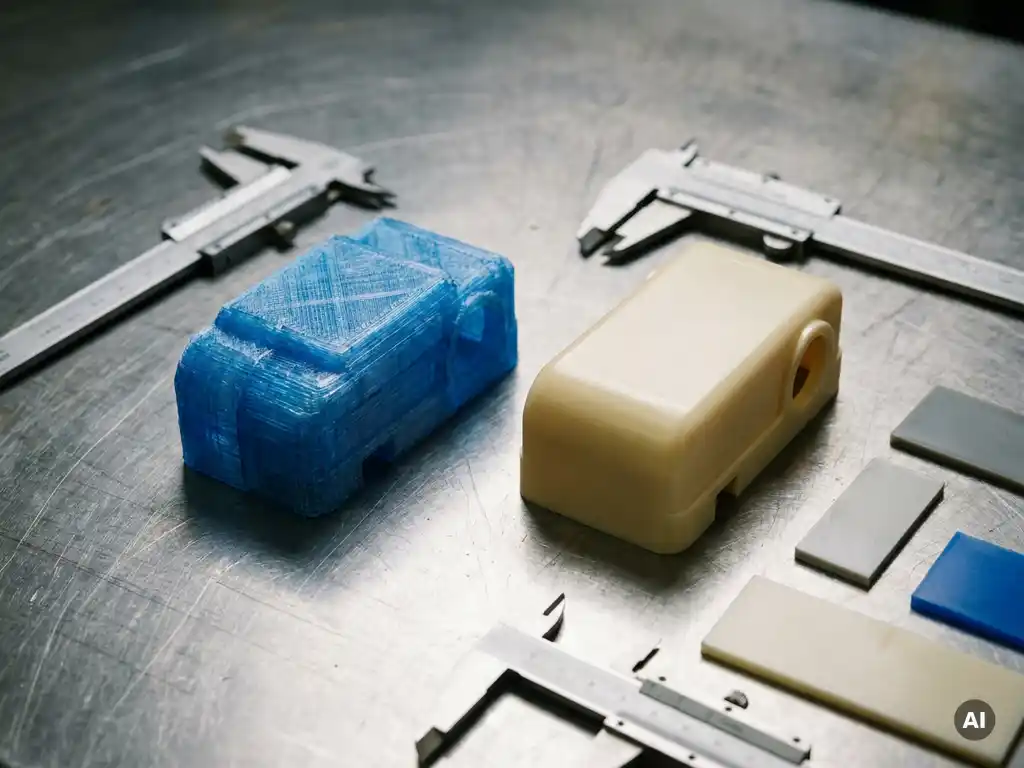 Ruw 3D-geprint plastic prototype naast een glad spuitgegoten productieonderdeel op een stalen werkbank met schuifmaten en materiaalstalen.