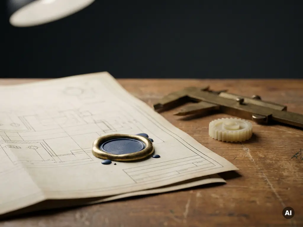 Waszegelstempel op gevouwen technische blauwdruk, omringd door precisie-schuifmaten en een plastic prototype op een tekentafel.