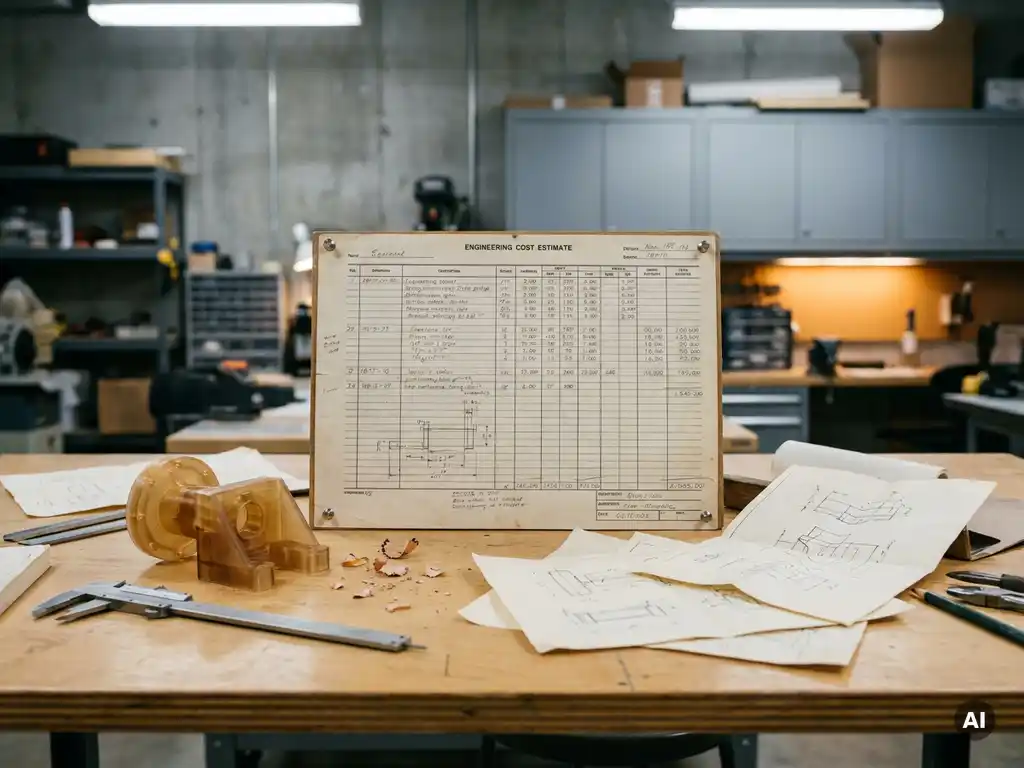 Technische kostprijsberekening op tekenbord naast plastic prototype, schuifmaat en technische schetsen in industriële studiosfeer.