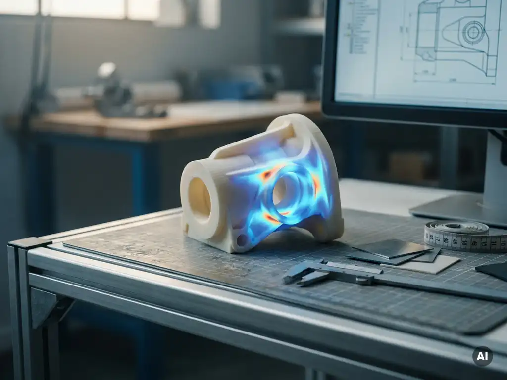 FEM-spanningssimulatie in blauw-oranje heatmap geprojecteerd op kunststof prototype, met schuifmaat en materiaalmonsters op technische werktafel.