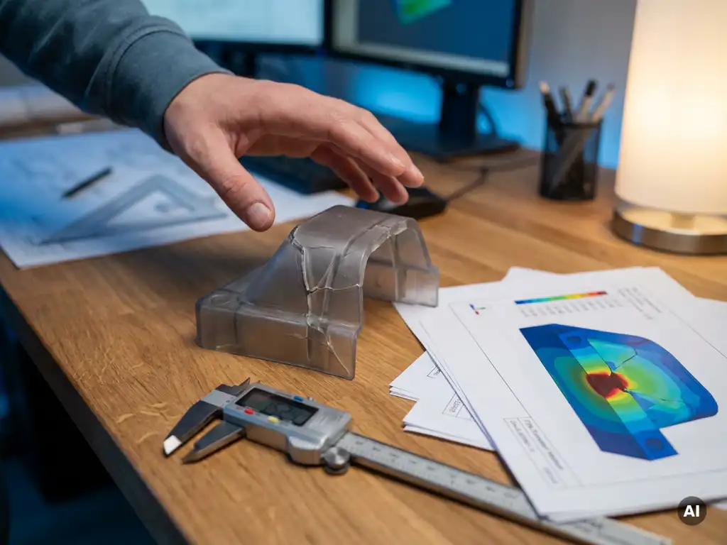 Gebarsten plastic prototype naast digitale schuifmaat en FEM-simulatie met spanningspieken, ontwerperhand erboven zwevend.