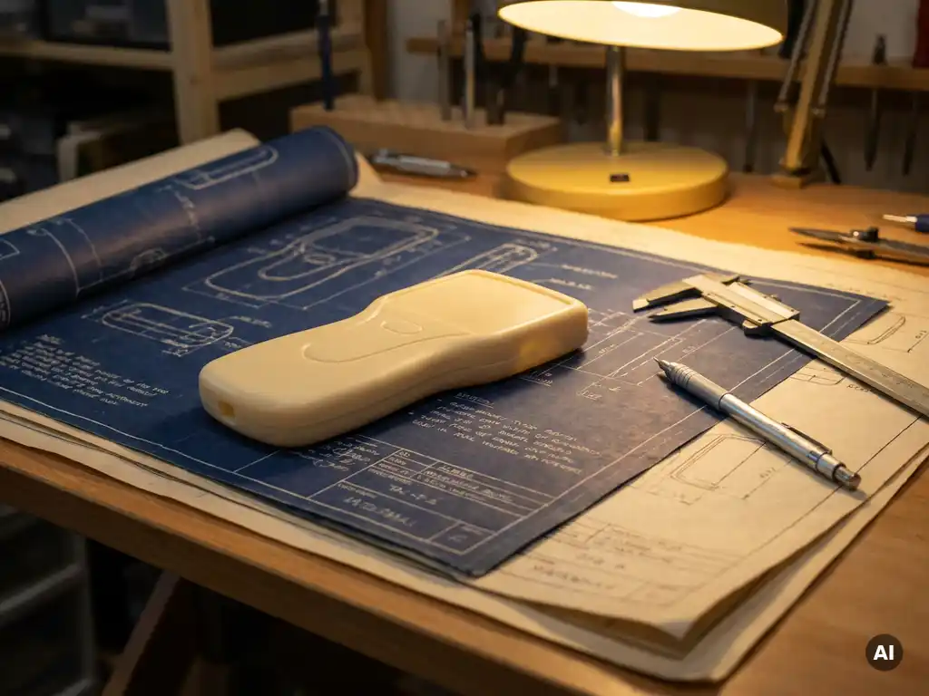 Industrieel ontwerpblauwdruk op tekentafel met plastic prototype, schuifmaat en mechanisch potlood onder warm bureaulampicht.