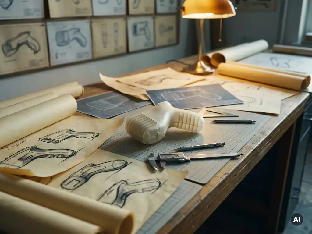 Industrieel ontwerptijdlijn op tekentafel met conceptschetsen, plastic prototype, schuifmaat en mechanisch potlood in warm studiolicht.