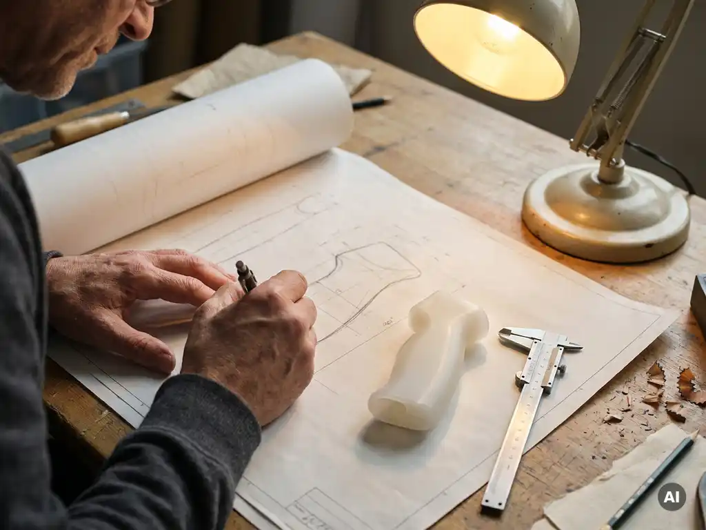 Industrieel ontwerper schetst productcontouren op technische tekeningen naast een plastic prototype en schuifmaat op een studio werktafel.