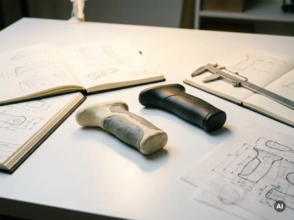 Ruwe kleimodel naast een precisie spuitgegoten kunststof onderdeel op een witte werktafel met schuifmaten en technische schetsen.