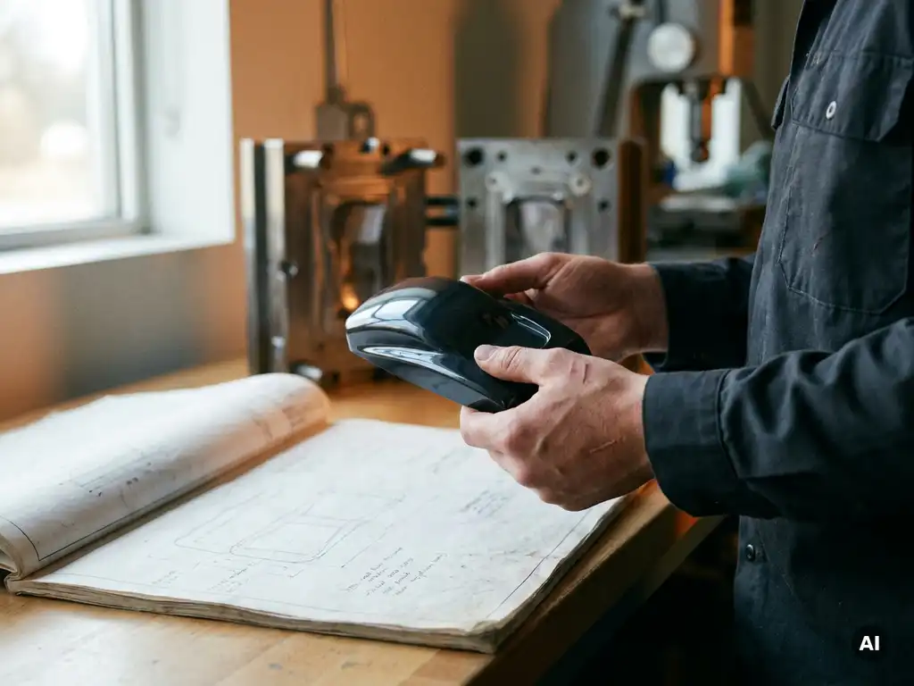 Designer inspecteert glanzend plastic spuitgietonderdeel naast technische tekening op werktafel, matrijsgereedschap zichtbaar op achtergrond.