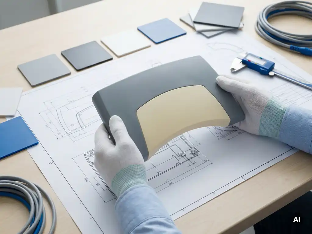 Ingenieurshanden houden een gebogen plastic behuizingsprototype boven een technische tekening, omringd door materiaalstalen en digitale schuifmaat.