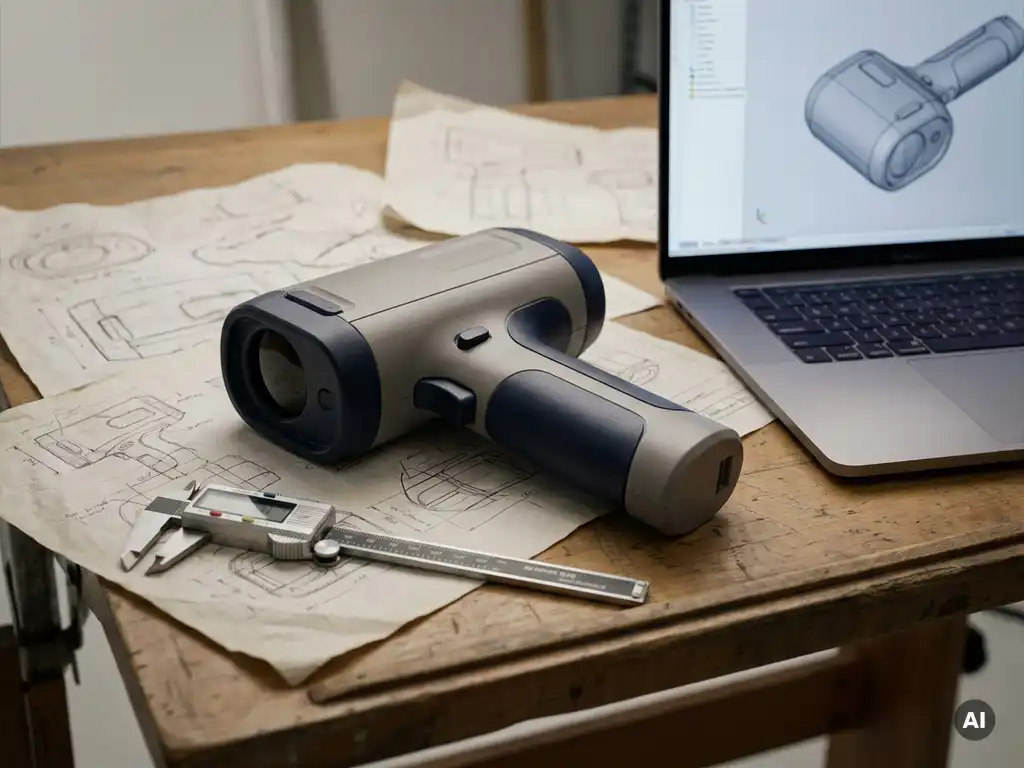 Plastic productprototype op tekentafel met technische schetsen, digitale schuifmaat en laptop met 3D CAD-model.