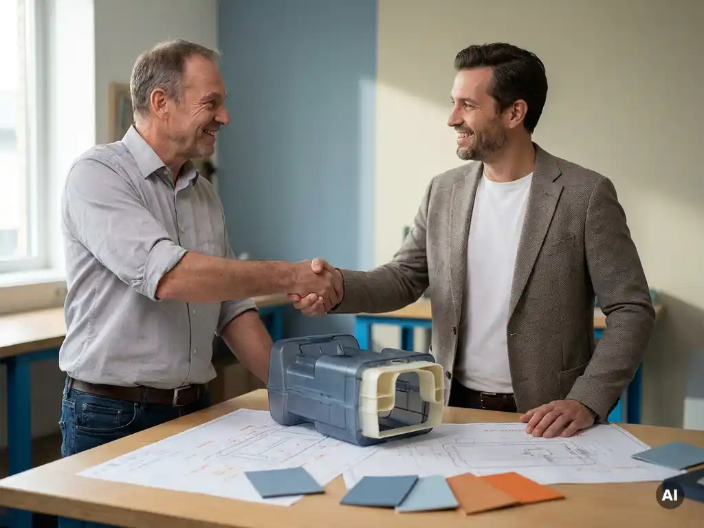 Ingenieur en klant schudden handen boven kunststof productprototype op werkbank, met technische tekeningen en materiaalstalen op de voorgrond.
