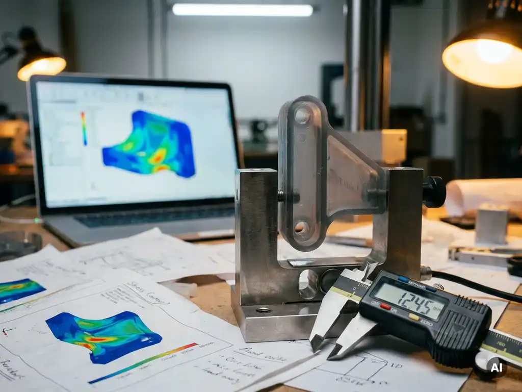 Plastic prototype onderdeel in precisie-testopstelling, omringd door digitale schuifmaten en FEM-simulatie heatmaps op laptop.