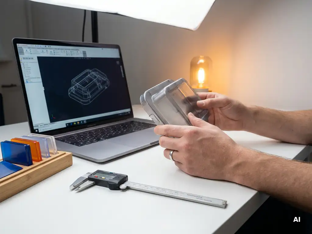 Ontwerper inspecteert kunststof prototype met schuifmaat op wit bureau naast materiaalstalen en laptop met CAD-ontwerp.