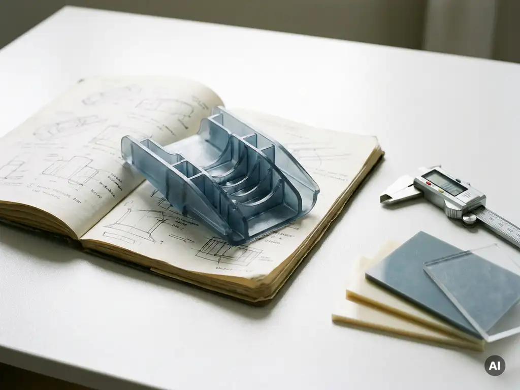 Plastic productprototype op open technisch notitieboek, omgeven door schuifmaten en materiaalstalen op wit bureau in zijdelings daglicht.