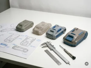 Plastic productprototype in ontwikkelingsfasen, van ruwe schetsen tot afgewerkt onderdeel, met precisiecalipers op een wit bureau.