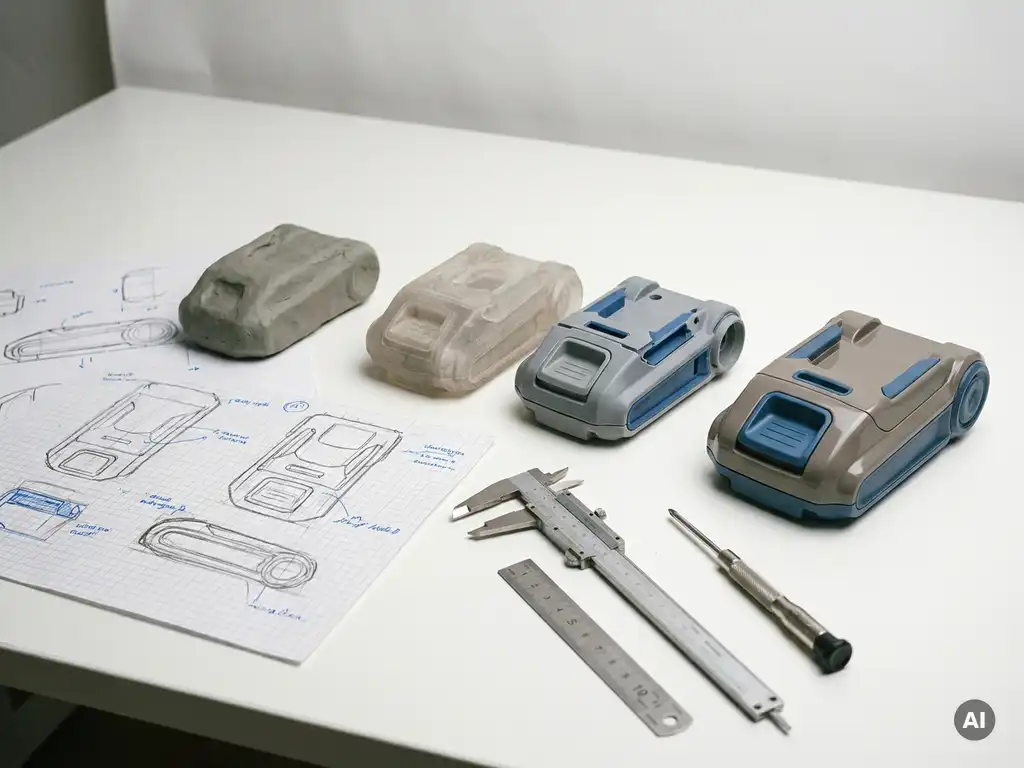Plastic productprototype in ontwikkelingsfasen, van ruwe schetsen tot afgewerkt onderdeel, met precisiecalipers op een wit bureau.