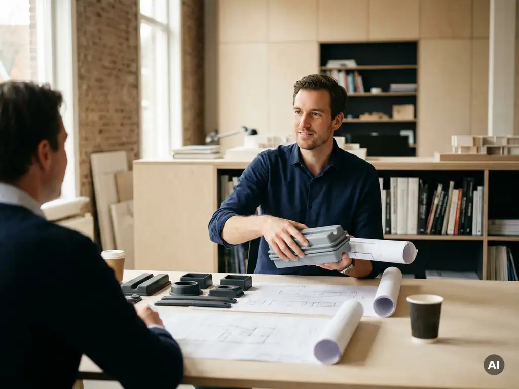 Ingenieur overhandigt plastic productprototypes en technische tekeningen aan klant in modern Delft designstudio.