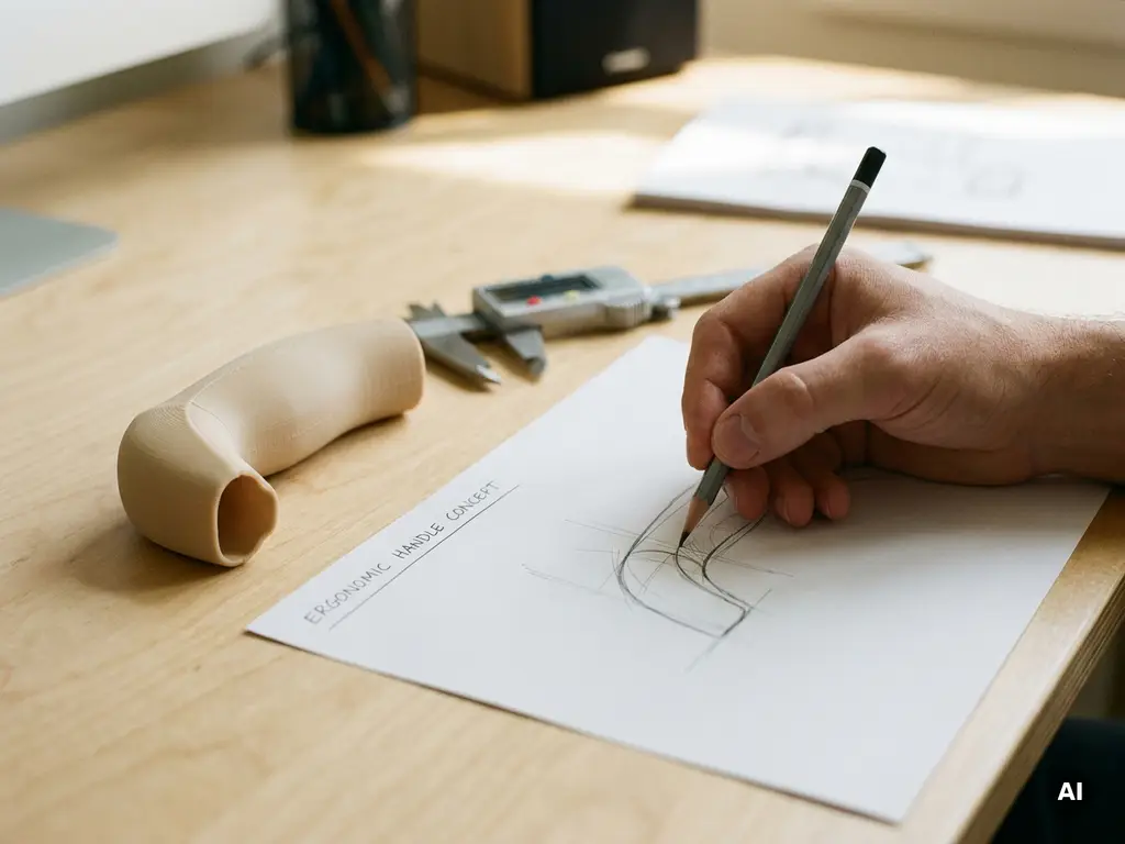 Hand die een productconcept schetst op papier naast een 3D-geprint prototype, met technische schuifmaat op een studiotafel.