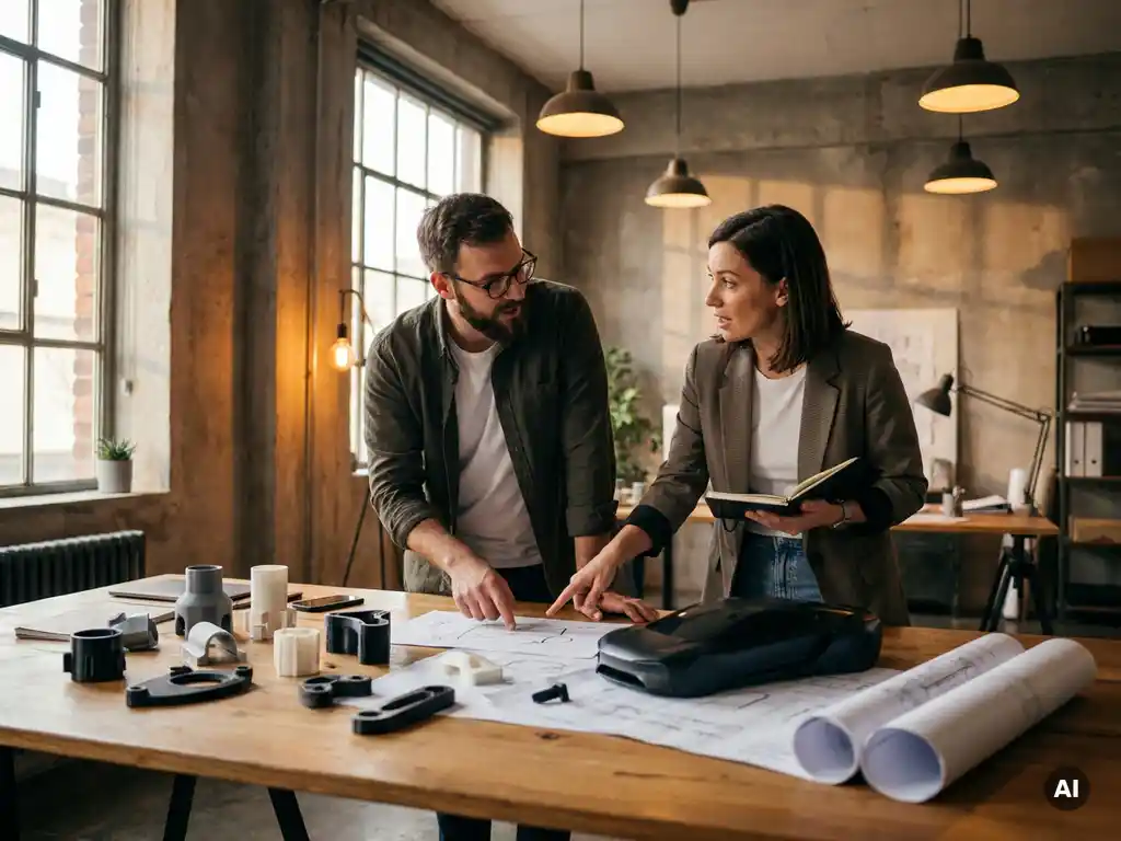 Designer en klant in gesprek aan een studio-bureau met prototypes, technische schetsen en een productmodel in een industriële werkruimte.