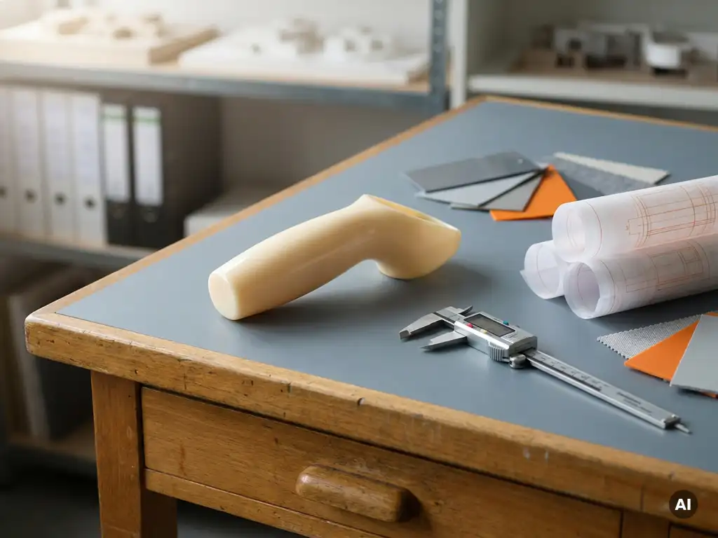 Plastic productprototype op tekentafel naast schuifmaat en technische tekeningen, met materiaalstalen in grijze en ivoorkleurige tinten.