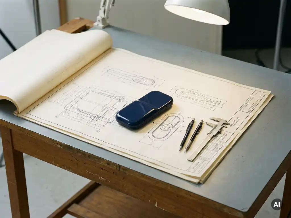 Plastic productprototype op technische tekening met mechanische potloden en schuifmaat op werktafel.