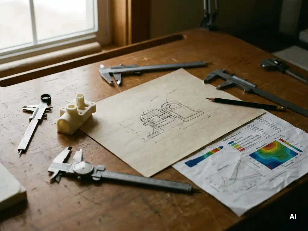 Handgetekende productschets op papier omringd door schuifmaten, een plastic prototype en een spanningsanalyse op een tekentafel.