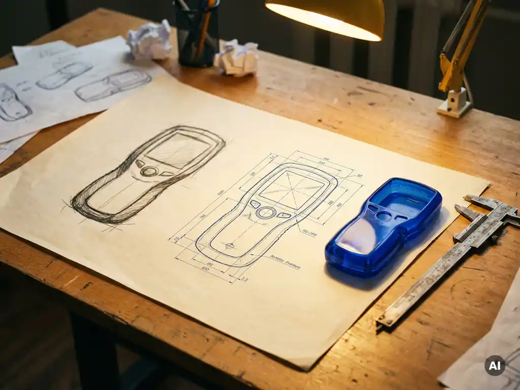 Potloodschets evolueert naar technische tekening op ontwerptafel, met plastic prototype, schuifmaat en gouden lamplicht.