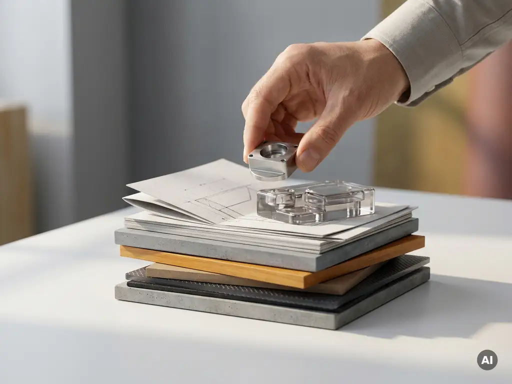 Hand die laatste budgetstuk plaatst tussen materiaalmonsters, technische schetsen en mechanisch prototype op wit bureau.