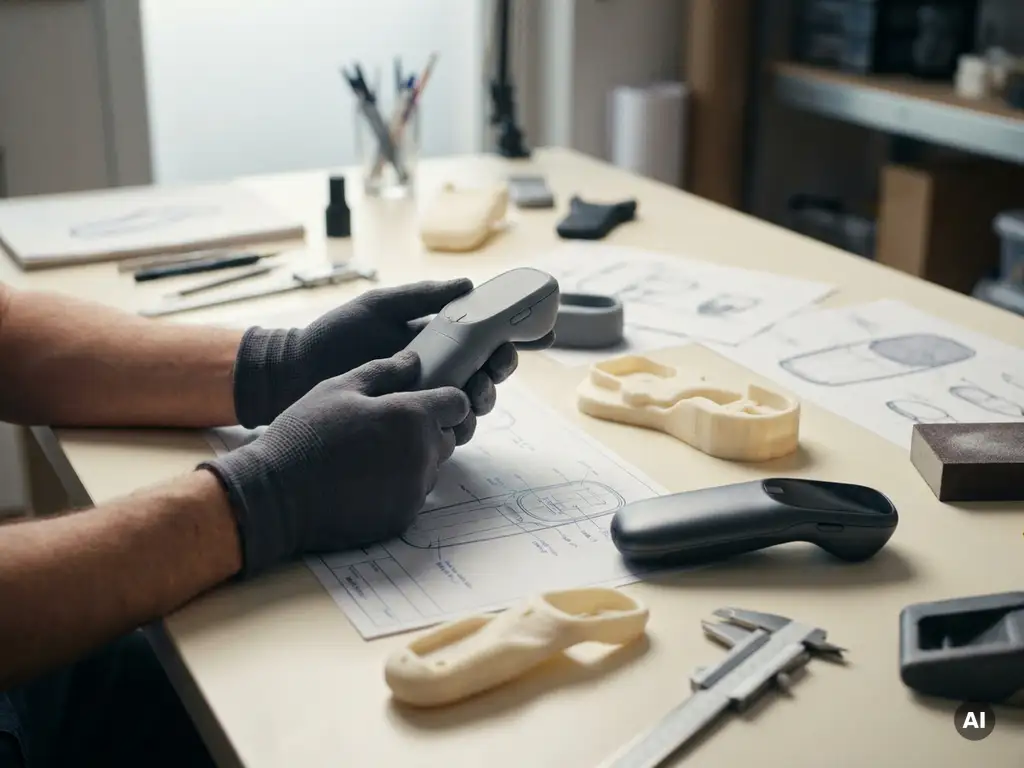 Industrieel ontwerper verfijnt plastic prototype op werktafel, met technische tekeningen en eindproduct op de achtergrond.