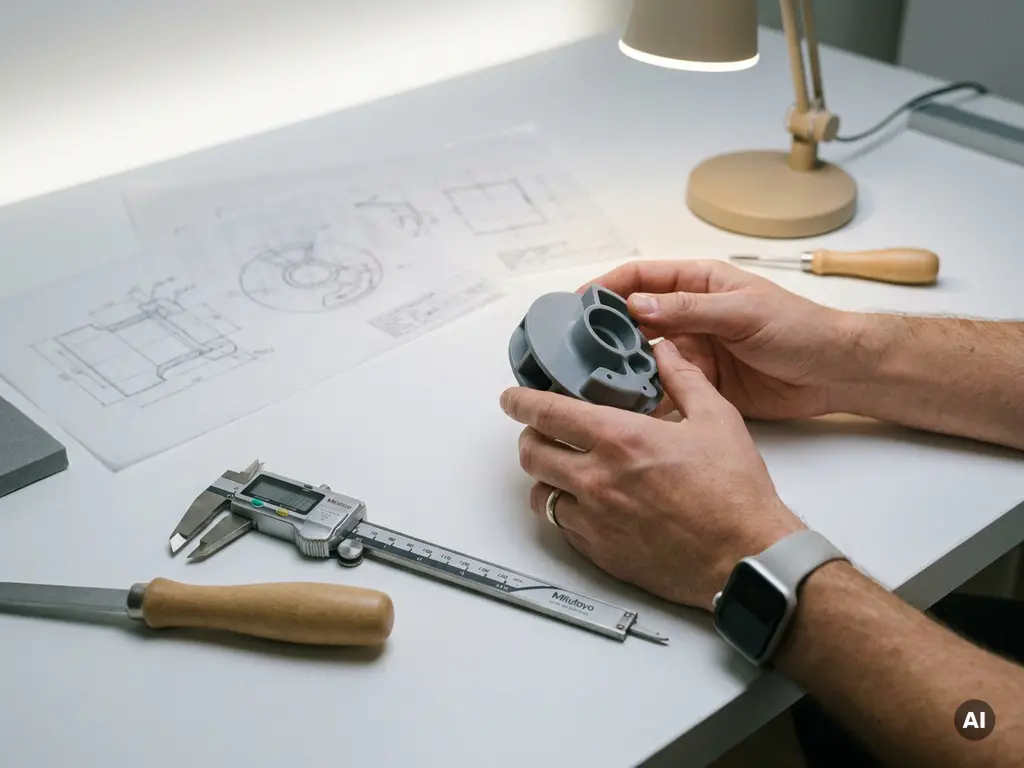 Ontwerper inspecteert plastic prototype onderdeel op witte werktafel met precisie schuifmaat en technische schetsen op achtergrond.