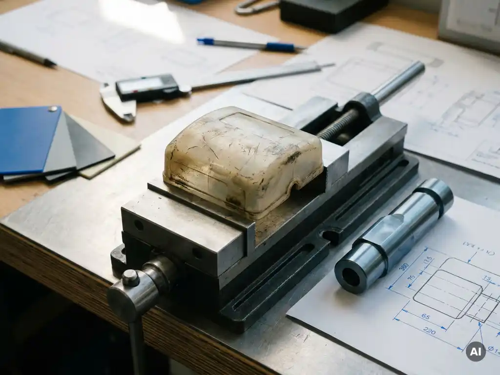 Versleten plastic prototype in precisieklem op werktafel, omringd door schuifmaten, materiaalstalen en technische schetsen.