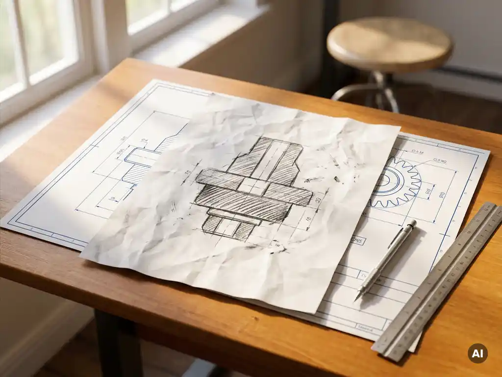 Potloodschets die overgaat in een technische CAD-tekening op een werktafel, met een mechanisch potlood en liniaal in natuurlijk raamlicht.