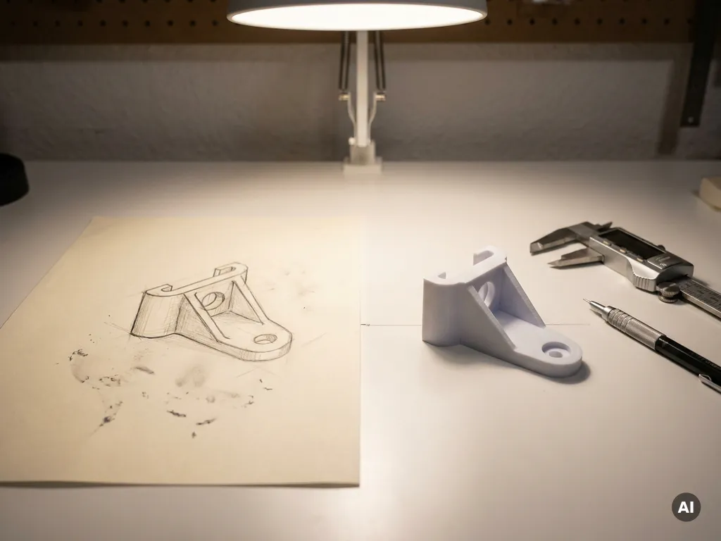 Potloodschets van kunststofonderdeel naast een precisieprototype, meetschuif en mechanisch potlood op wit bureau.