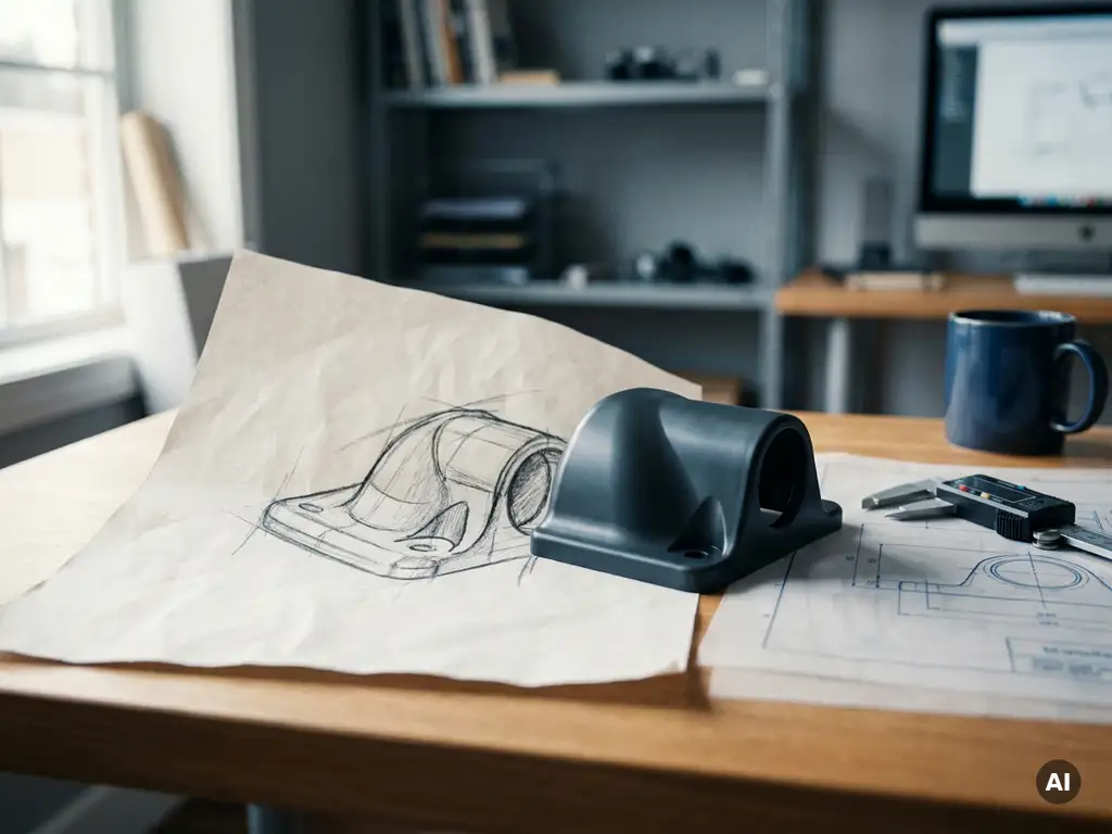 Potloodschets op papier naast een precisie spuitgegoten kunststof onderdeel, schuifmaat en technische tekening op designstudio bureau.