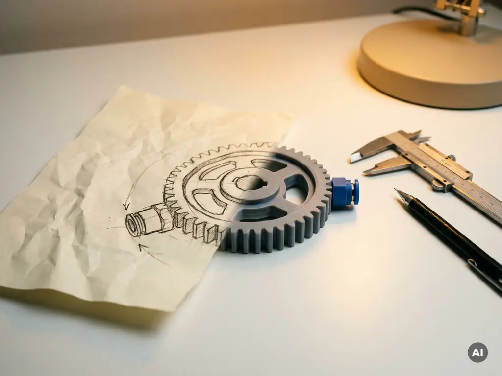 Ruwe potloodschets naast een precies plastic productprototype op een witte tafel, met technische schuifmaat en mechanisch potlood in warm amberkleurig licht.