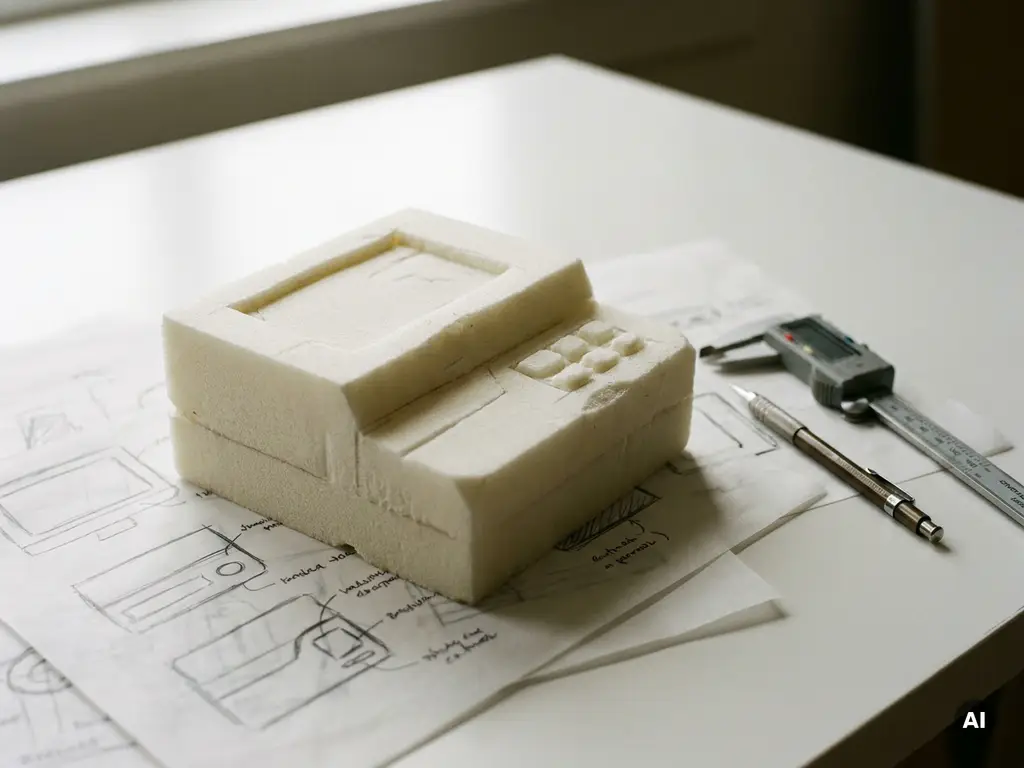 Handgesneden schuimmodel van een productconcept naast schuifmaat en mechanisch potlood op witte werktafel met schetsen.