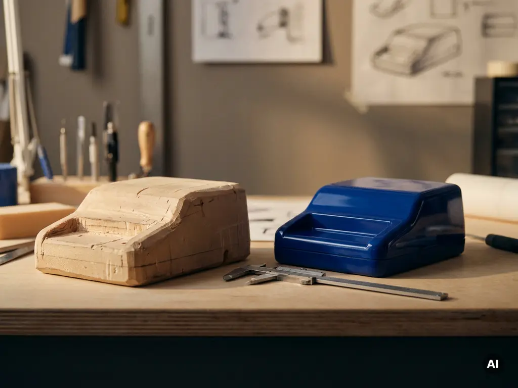 Handgesneden schuimmodel naast gepolijst spuitgegoten plastic prototype op werkbank, met precisie schuifmaat in warm studiolicht.