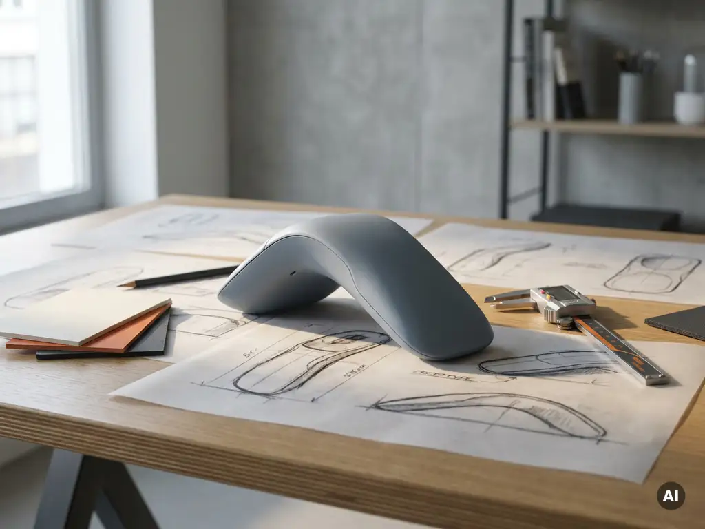 Spuitgegoten plastic prototype op een tekentafel met technische schetsen, materiaalstalen en precisie schuifmaat, zacht zijdelings daglicht.
